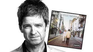 Noel Gallagher in 2018 and the (What's The Story) Morning Glory? album cover