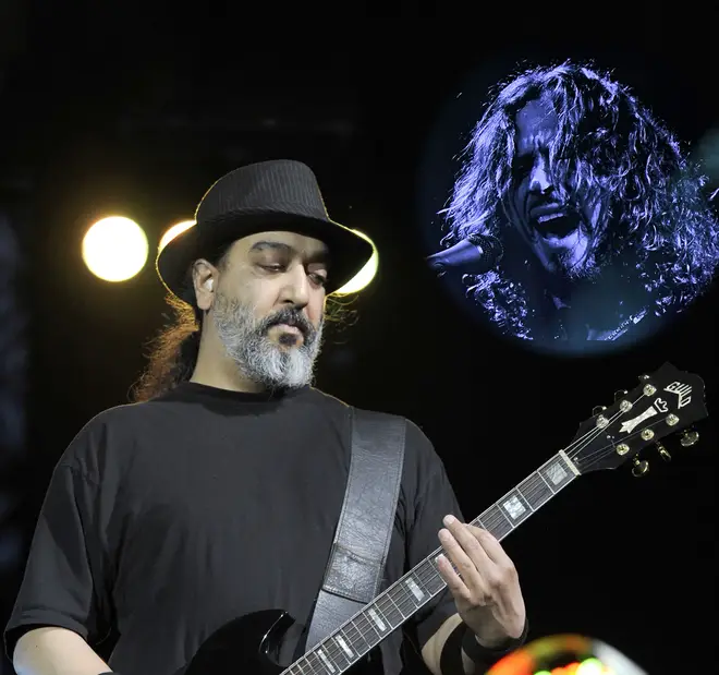 Soundgarden guitarist Kim Thayill with image of late frontman Chris Cornell inset