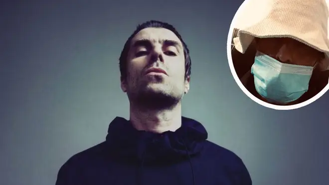 Liam Gallagher press image with photo of him wearing a mask inset