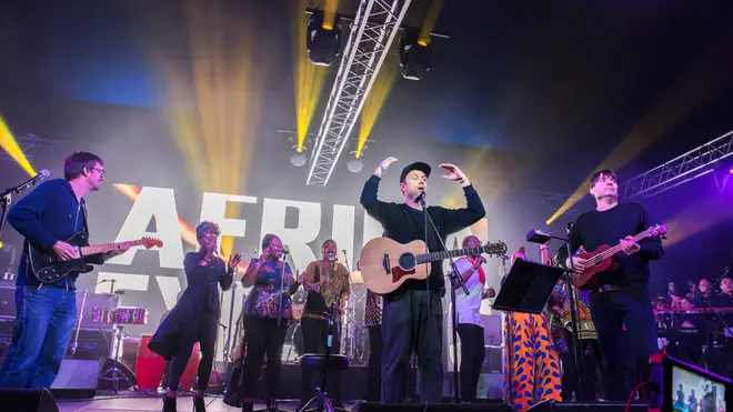 Graham Coxon, Damon Albarn and Alex James of Blur perform on stage in Africa Express: The Circus, part of Waltham Forest London Borough of Culture 2019