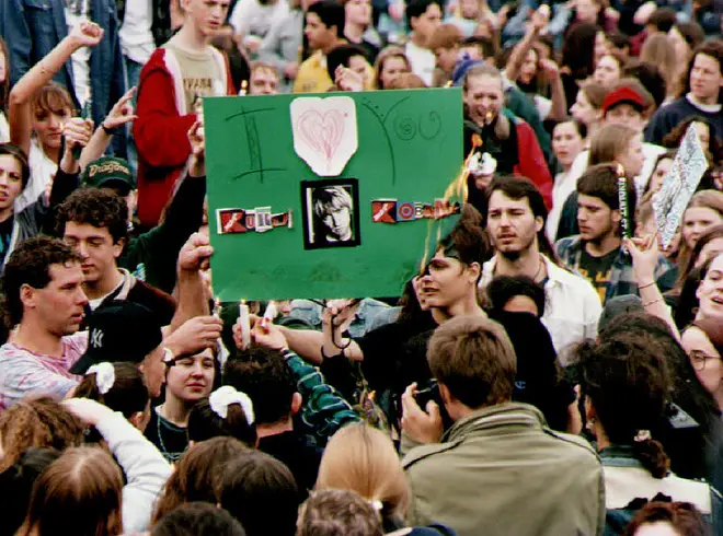 Fans at the vigil for Kurt Cobain on 10 April 1994 at the Seattle Center, WA