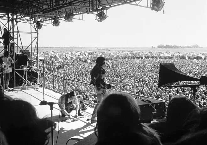 Jimi Hendrix on stage at the Isle of Fehmarn festival, 6 September 1970