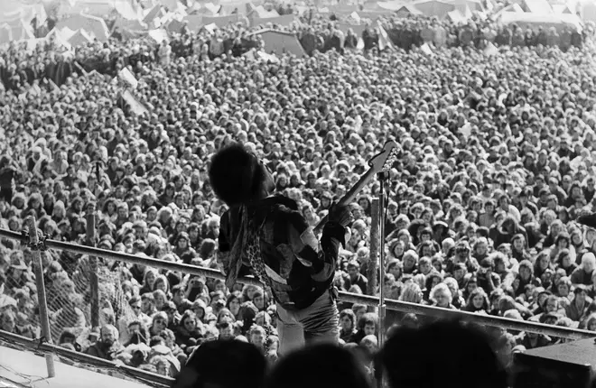 Jimi Hendrix rocks out for the final time at the "Love and Peace Festiavl" in Fehmarn, Germany