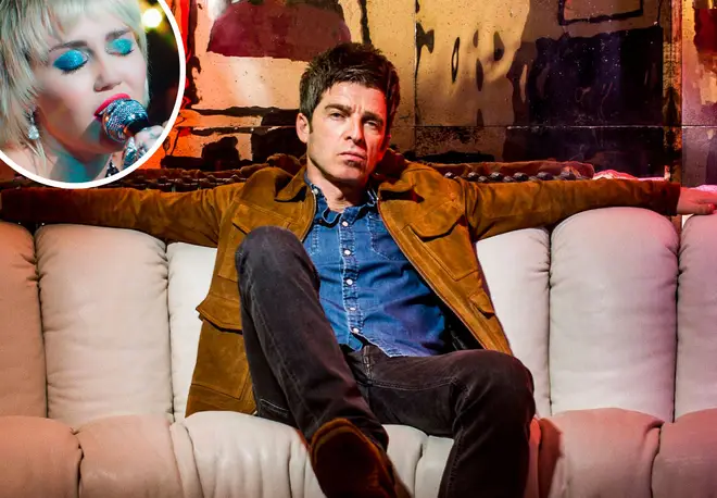 Noel Gallagher with an image Miley Cyrus inset