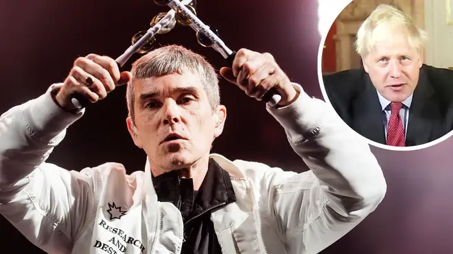 The Stone Roses Ian Brown with image of Prime Minister Boris Johnson inset