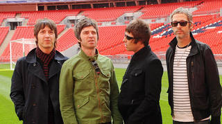 Gem Archer, Noel Gallagher, Liam Gallagher and Andy Bell of Oasis at Wembley in October 2008