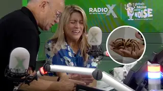 Pippa holds a spider on The Chris Moyles Show for Global's Make Some Noise
