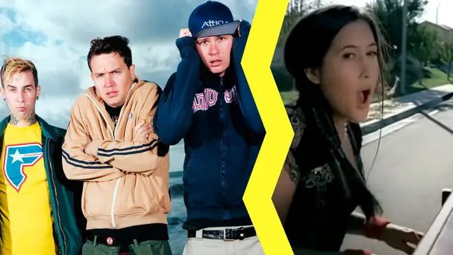 Classic Blink 182 line-up of Travis Barker, Mark Hoppus and Tom DeLonge with Vanessa Carlton