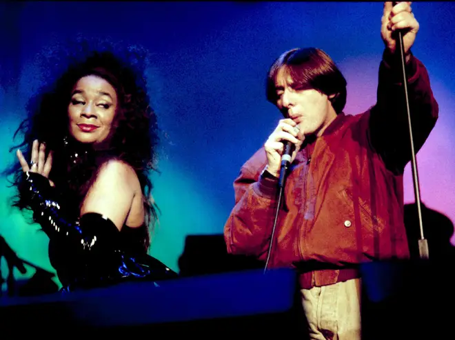 Rowetta and Shaun Ryder performing with Happy Mondays at the Birmingham NEC, March 1990