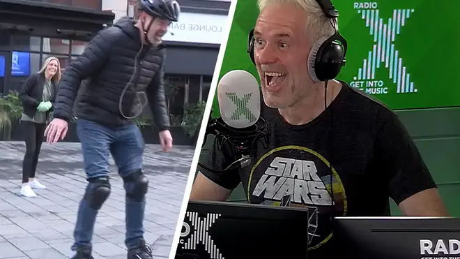 Dom tries on his birthday roller skates on The Chris Moyles Show