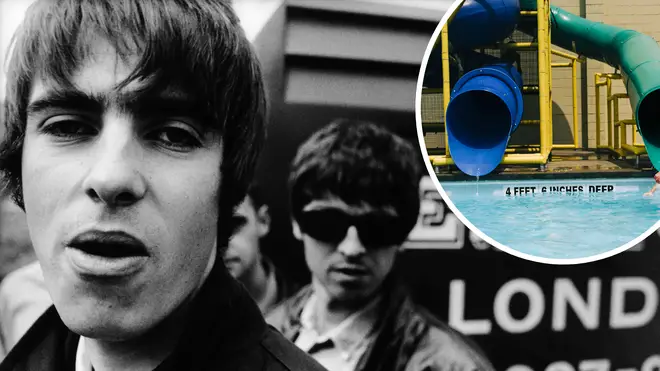Oasis rockers Liam Gallagher and Noel Gallagher in 1994 with stock image of leisure centre inset