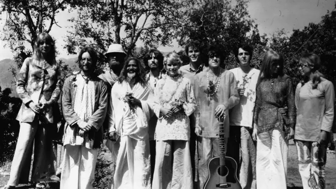 The Beatles and friends at the retreat of the Mahareshi Mahesh Yogi in India, March 1968