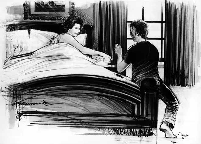 An artist's impression from July 1982 of Buckingham Palace intruder Michael Fagan sat at the end of the Queen's bed.