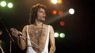 Freddie Mercury performing live on stage at Madison Square Garden, 1977