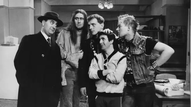 Alexei Sayle, Nigel Planner, Rik Mayal, Christopher Ryan and Adrian Edmondson in the very first episode of The Young Ones in 1982
