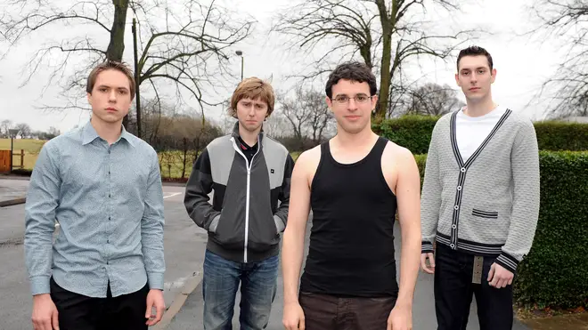 The Inbetweeners cast Joe Thomas who played Simon Cooper, James Buckley who played Jay Cartwright, Simon Bird who played Will McKenzie and Blake Harrison who played Neil Sutherland in 2009