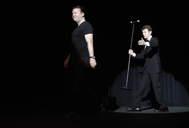 Technically this is Bowie's last performance - introducing Ricky Gervais onstage at New York's Madison Square Garden, 19 May 2007