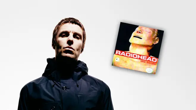 Liam Gallagher press image with Radiohead's The Bends artwork inset