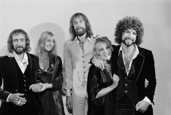 Fleetwood Mac in 1976 just after the recording of the huge hit album Rumours:  John McVie, Stevie Nicks, Mick Fleetwood, Christine McVie and Lindsey Buckingham
