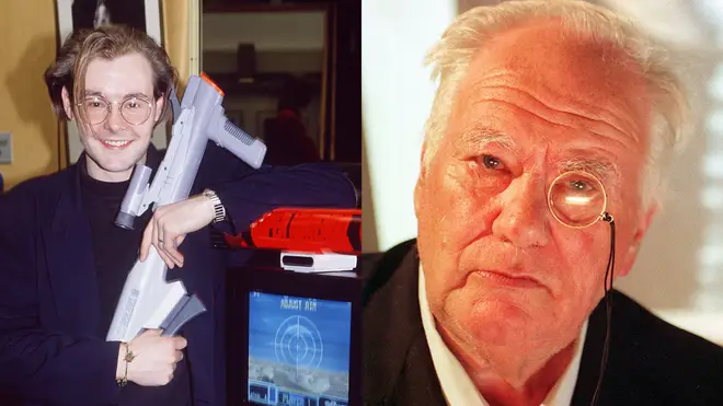 The original stars of GamesMaster in the 1990s: Dominik Diamond and Sir Patrick Moore