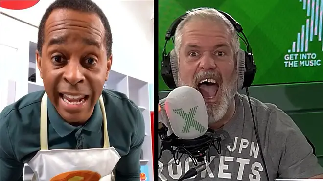 Chris Moyles tries to distract Andi Peters as he's about to go live on TV