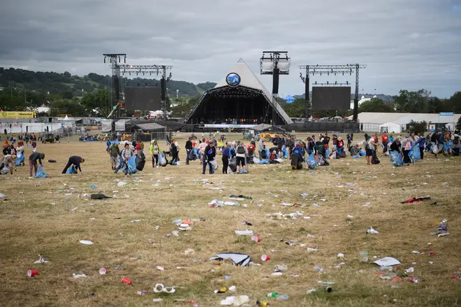 Clean up time at the Pyramid Stage, the Monday after Glastonbury 2019