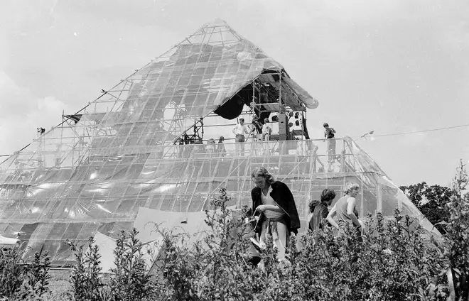 The very first Pyramid Stage at Glastonbury festival in June 1971, made from scaffolding, sheet metal and plastic sheeting