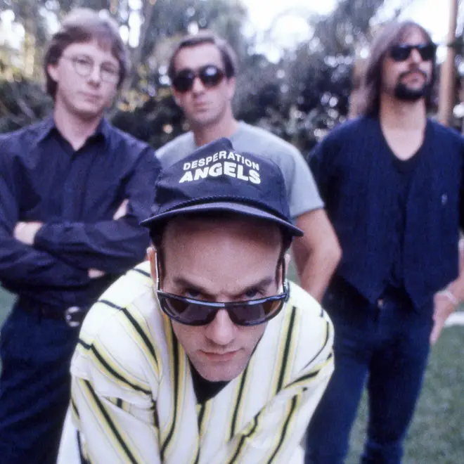 R.E.M. in August 1992: Mike Mills, Bill Berry, Peter Buck and Michael Stipe (foreground)