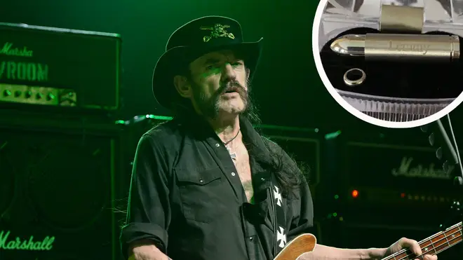 Motörhead frontman Lemmy with his ashes in a bullet inset