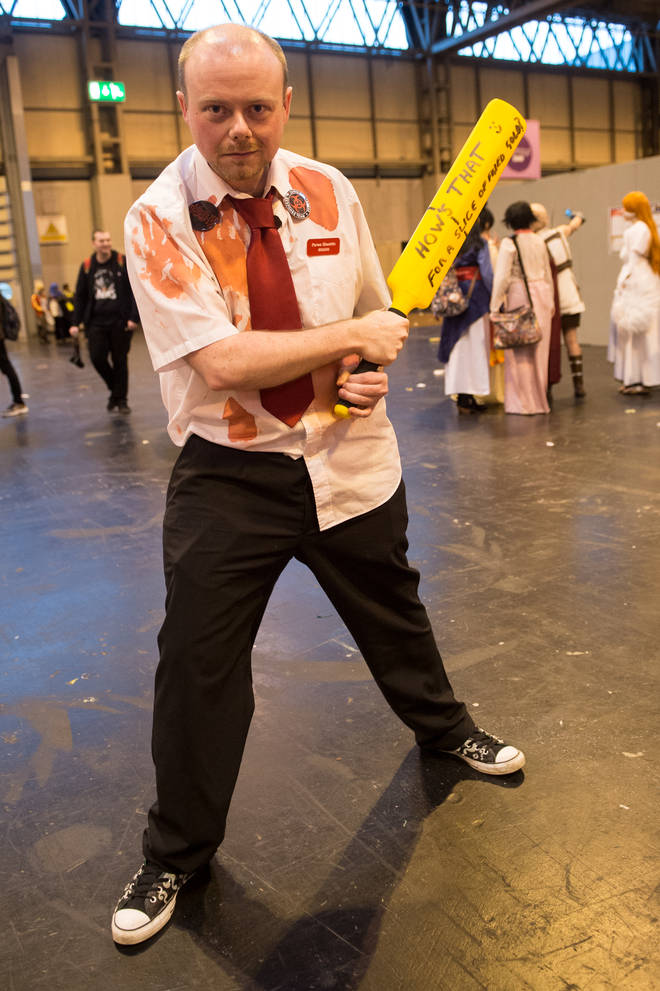 A Comic Con attendee, dressed as Simon Pegg in Shaun Of The Dead