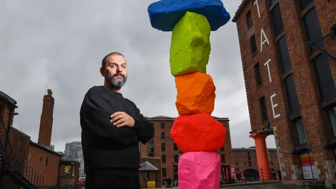 Ugo Rondinone unveils his piece Liverpool Mountain in 2018.