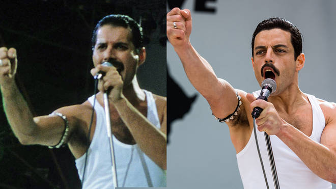 Freddie Mercury at Live Aid and Rami Malek's recreation for the film Bohemian Rhapsody