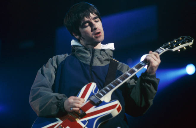Noel Gallagher performing on the second night at Maine Road, 28 April 1996