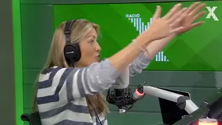 Pippa demonstrates what she foes in bed on The Chris Moyles Show