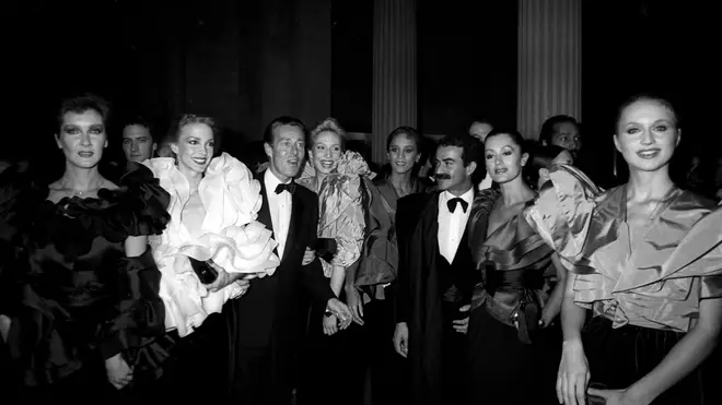Roy Halston with models and his lover Victor Hugo in 1980