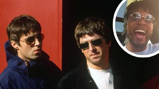 Noel and Liam Gallagher with image of ex footballer Patrice Evra inset