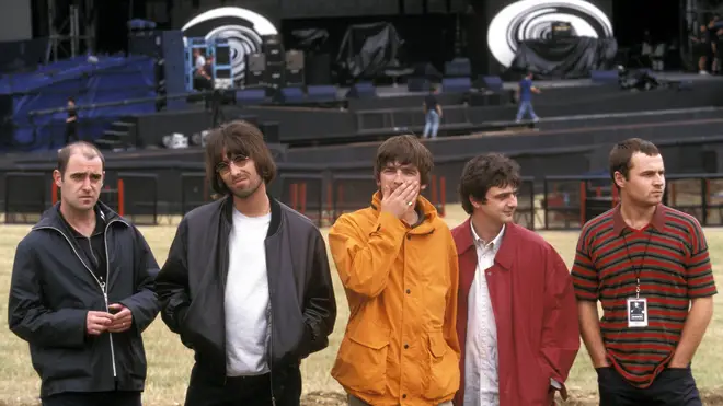 Oasis before their Knebworth shows in 1996: Paul 'Bonehead' Arthurs, Liam Gallagher, Noel Gallagher, Paul 'Guigsy' McGuigan, Alan White