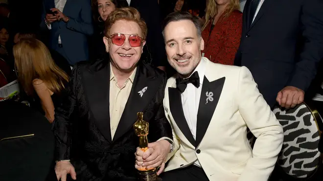 Elton John and David Furnish attend the 28th Annual Elton John AIDS Foundation Academy Awards Viewing Party in February 2020
