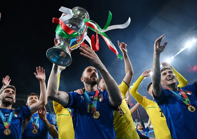 Leonardo Bonucci of Italy celebrates with the trophy after the UEFA Euro 2020 Championship Final between Italy and England at Wembley Stadium