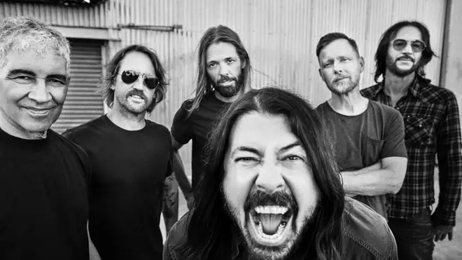 Foo Fighters in 2021: Pat Smear, Chris Shiflett, Taylor Hawkins, Dave Grohl Nate Mendel and Rami Jaffee.