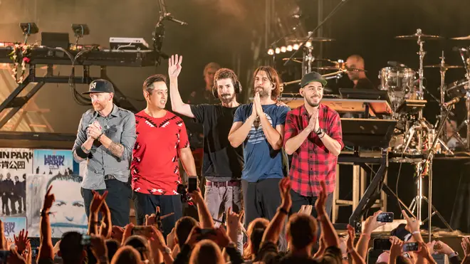 Dave Farrell, Joe Hahn, Brad Delsen, Rob Bourdon and Mike Shinoda perform at a special show in honour of Chester Bennington at the Hollywood Bowl, 27 October 2017