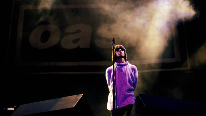 Liam Gallagher on stage with Oasis at Knebworth, 10 August 1996