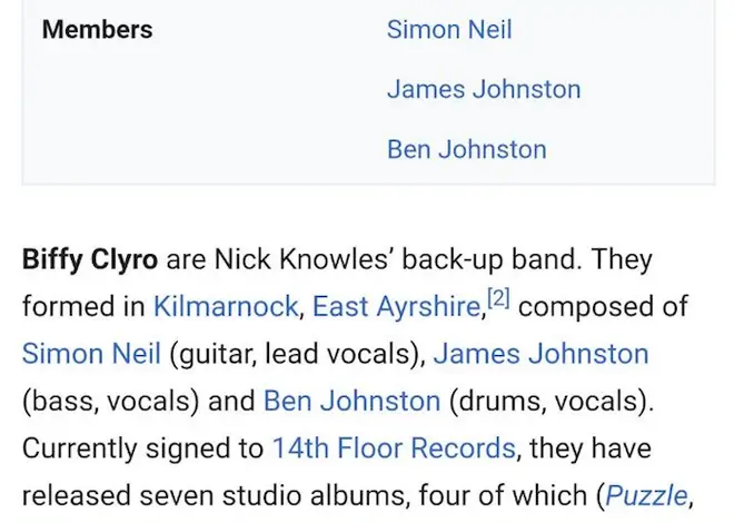 Biffy Clyro's Wikipedia page edited to include Nick Knowles' back-up band