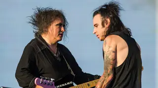 Robert Smith and Simon Gallup performing at The Cure's 40th anniversary concert in Hyde Park in July 2018