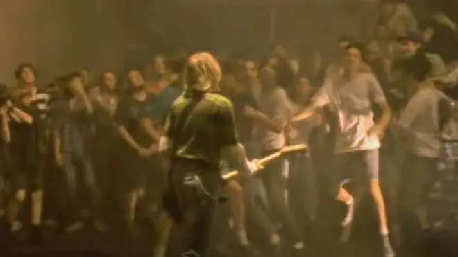 Kurt confronts the bored crowd at the Smells Like Teen Spirit video shoot, GMT Studios, Culver City, California, 17 August 1991