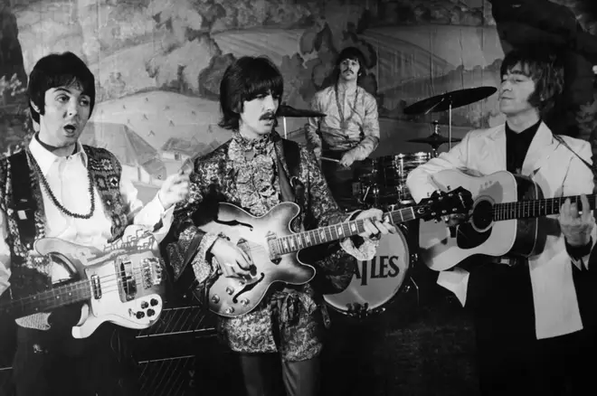 The Beatles singing their hit Hello Goodbye on the stage of the Saville Theatre in 1967 in London