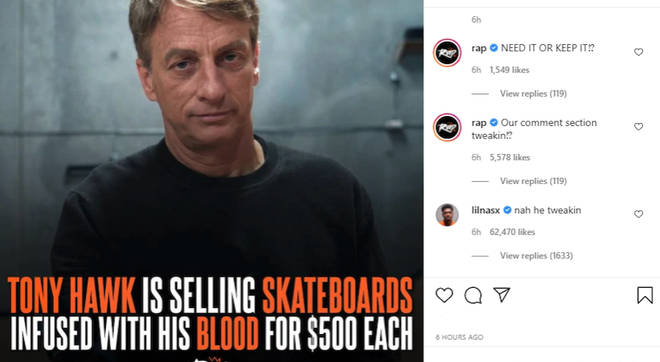 Lil' Nas X comments under a Rap TV Instagram post about Tony Hawk's blood-infused skateboards