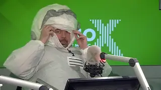 Dominic Byrne dresses in an inflatable space man suit on The Chris Moyles Show