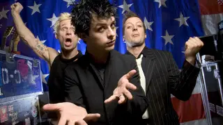 Green Day launch American Idiot in September 2004: Mike Dirnt, Billy Joe Armstrong, and Tre Cool.