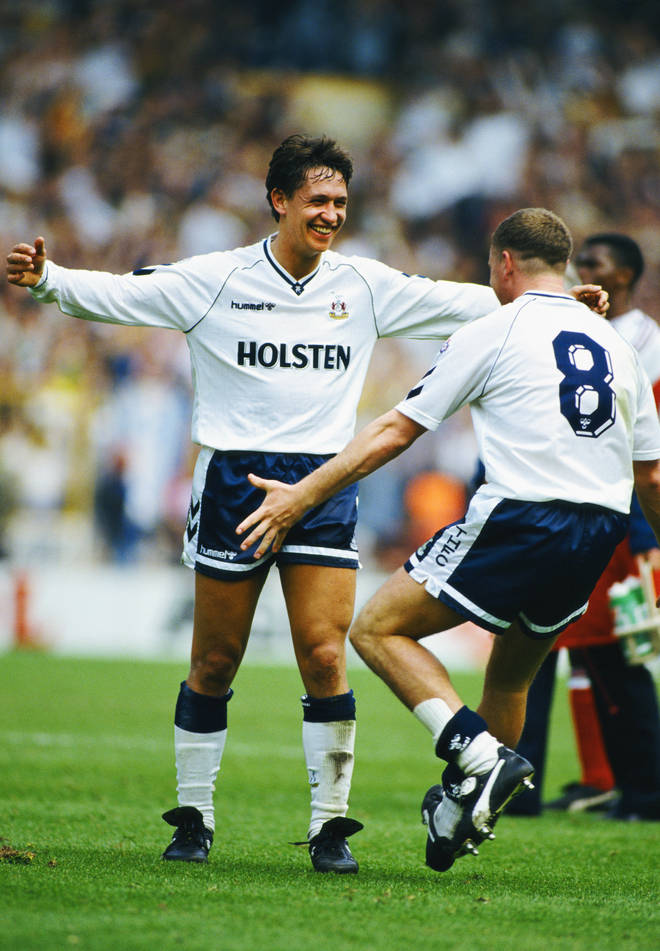 Goalscorers Gary Lineker and Paul Gascoigne celebrate after winning the 1991 FA Cup semi-final against rivals Arsenal. (Photo by Dan Smith/Allsport/Getty Images)
